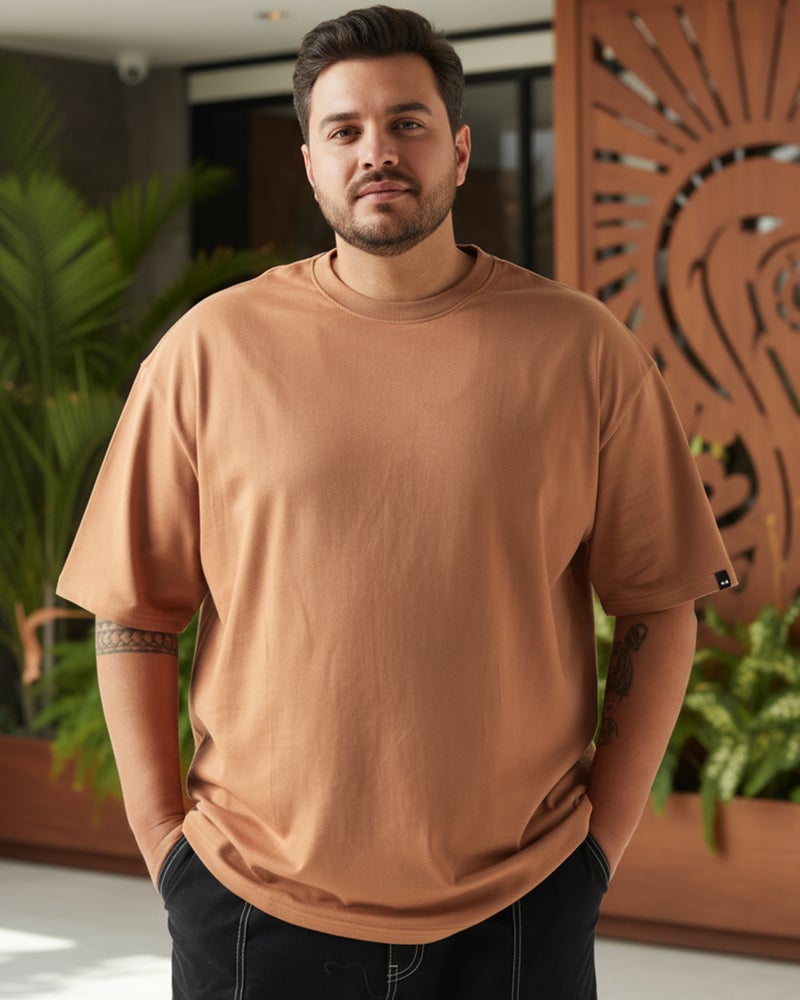 bewakoof Men's Camel Brown Oversized Plus Size T-shirt - Image 1